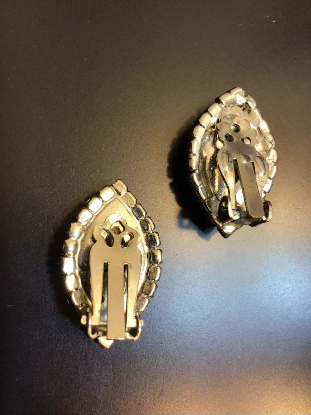 Vintage Mid-century Clip-on Earrings Blue Navette Stones Clear Rhinestones